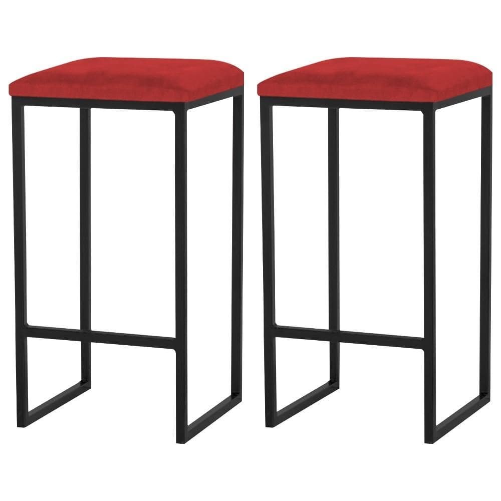 Kit 2 Banqueta Decorativa Billie Base Preta Suede Vermelho G41 - Gran Belo