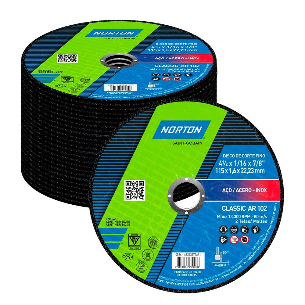 25 Discos de Corte Norton 4.1/2 AR101 Classic Basic 115x1.0x22.23mm
