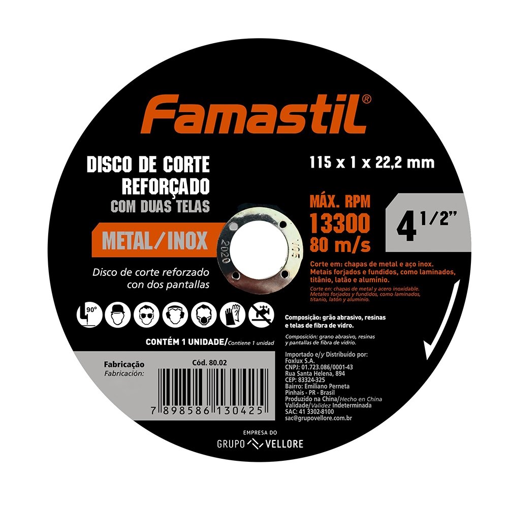 10 Discos de Corte Famastil 4.1/2P 115mmx1X22,2mm Metal/Inox