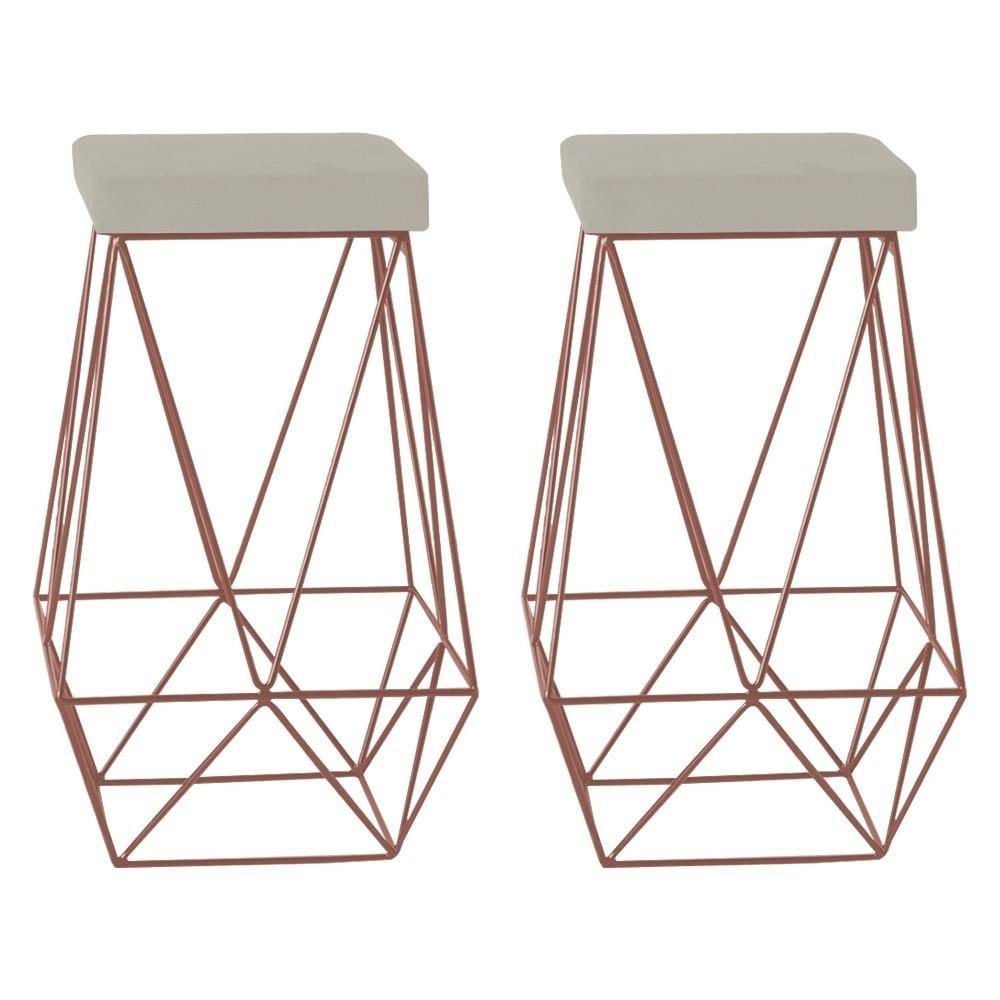 Kit 2 Banqueta Decorativa Kathy Base Bronze Suede Bege G41 - Gran Belo