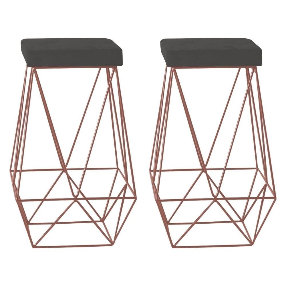 Kit 2 Banqueta Decorativa Kathy Base Bronze Suede Cinza G41 - Gran Belo