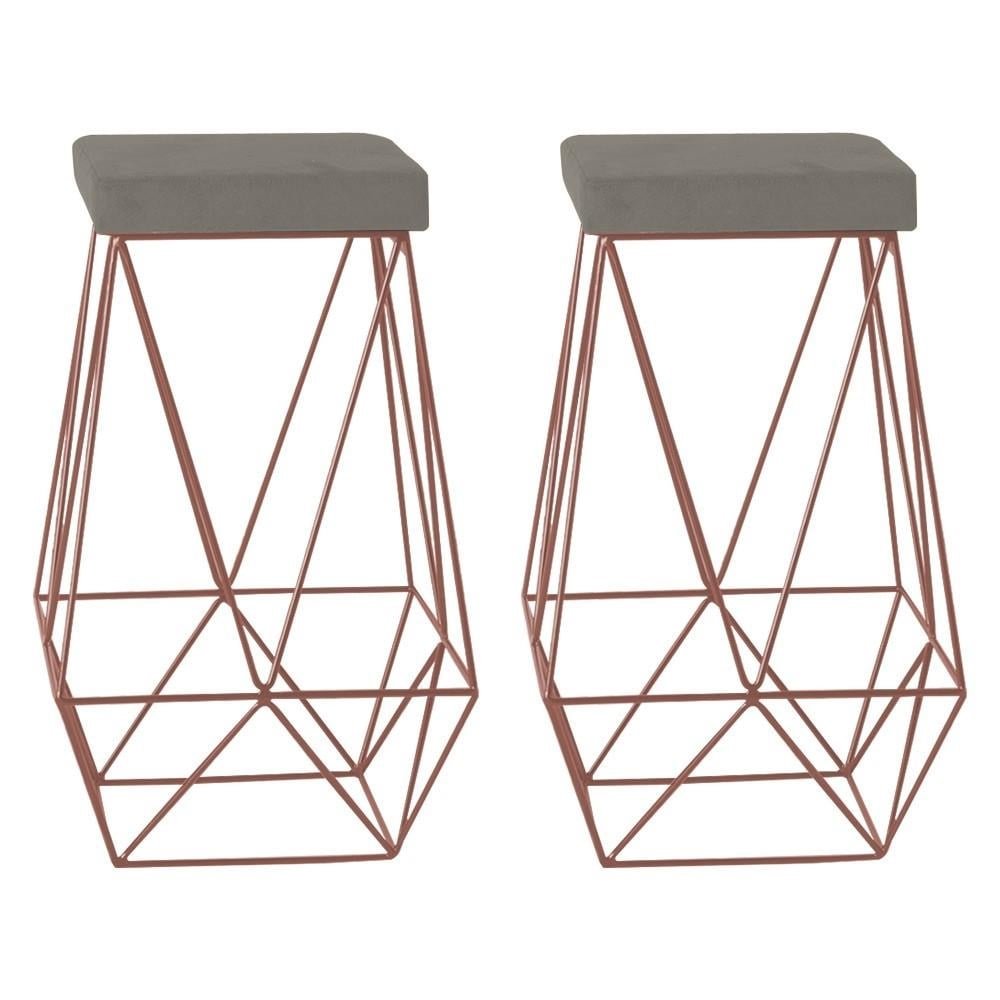 Kit 2 Banqueta Decorativa Kathy Base Bronze Veludo Cinza G41 - Gran Belo