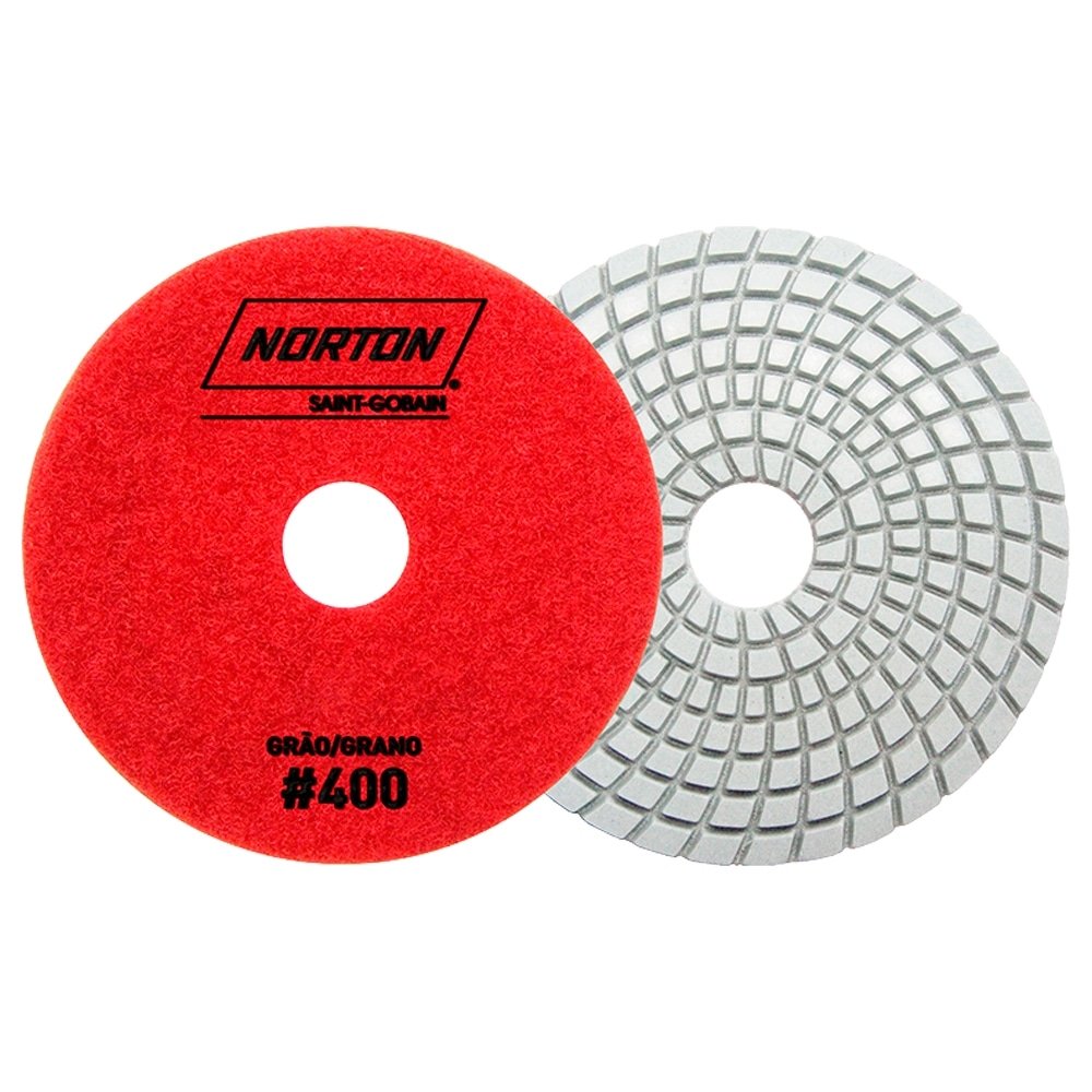 Disco Flexível Diamantado Norton Brilho D'Água - 100mm 4 Passos G400 Vermelho - Embalagem com 10 Unidades
