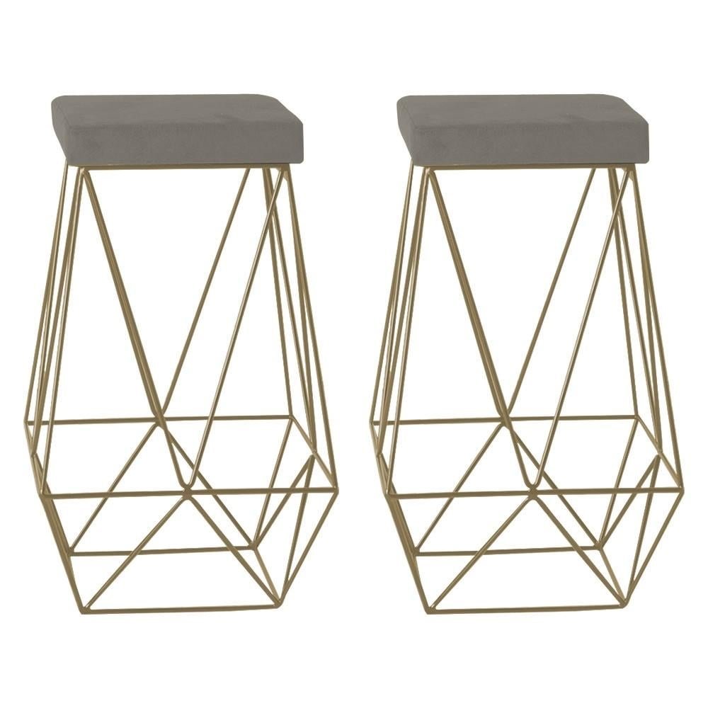 Kit 2 Banqueta Decorativa Kathy Base Gold Veludo Cinza G41 - Gran Belo