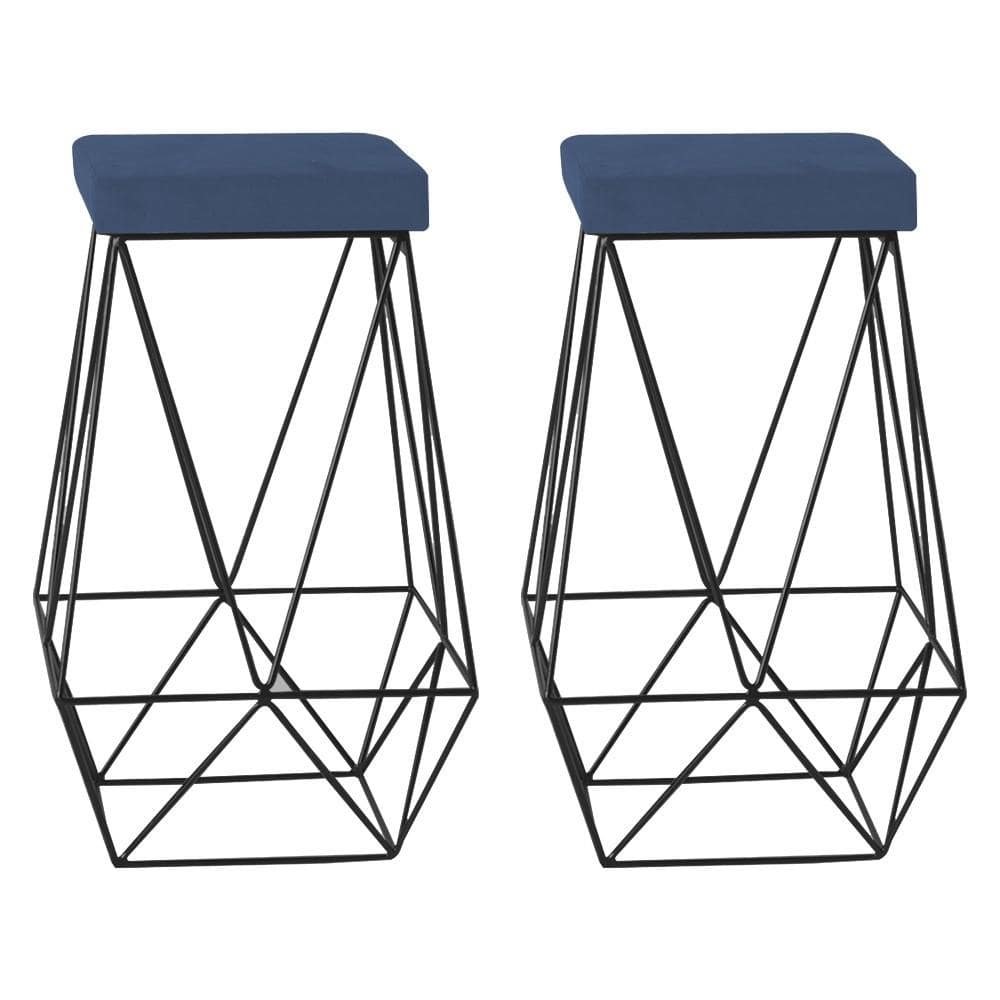 Kit 2 Banqueta Decorativa Kathy Base Preta Suede Azul Marinho G41 - Gran Belo
