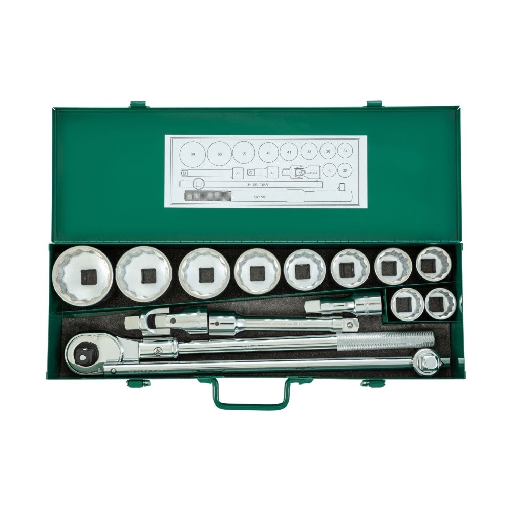 Jogo Soquetes Sata Estriado Encaixe 3/4 30 a 60mm com 15 Peças