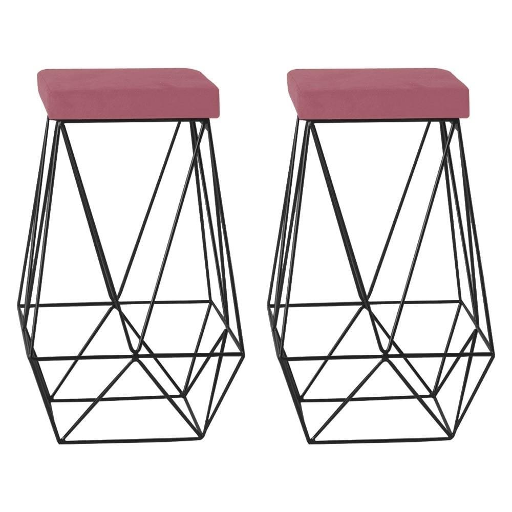 Kit 2 Banqueta Decorativa Kathy Base Preta Suede Rosa G41 - Gran Belo