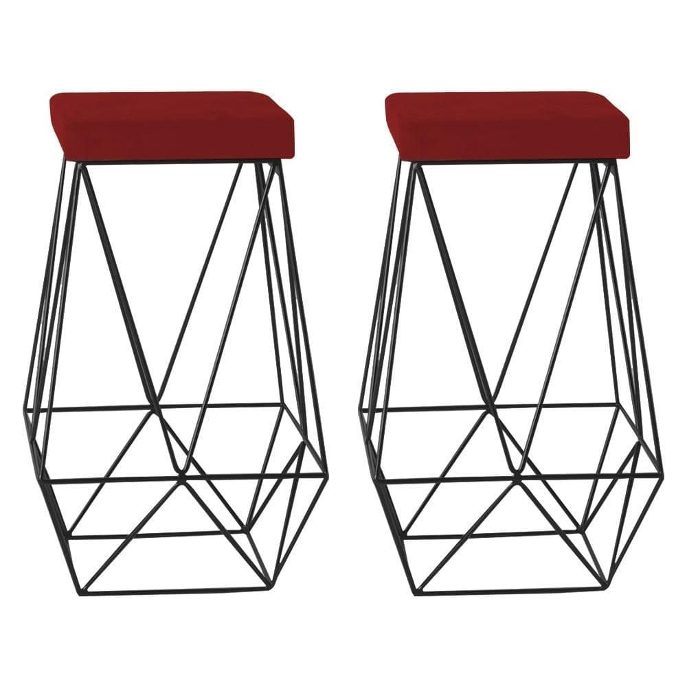 Kit 2 Banqueta Decorativa Kathy Base Preta Veludo Vermelho G41 - Gran Belo
