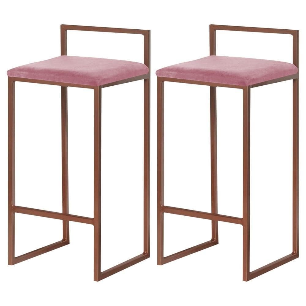 Kit 2 Banquetas Decorativa Jasmine Base Bronze Suede Rosa G41 - Gran Belo