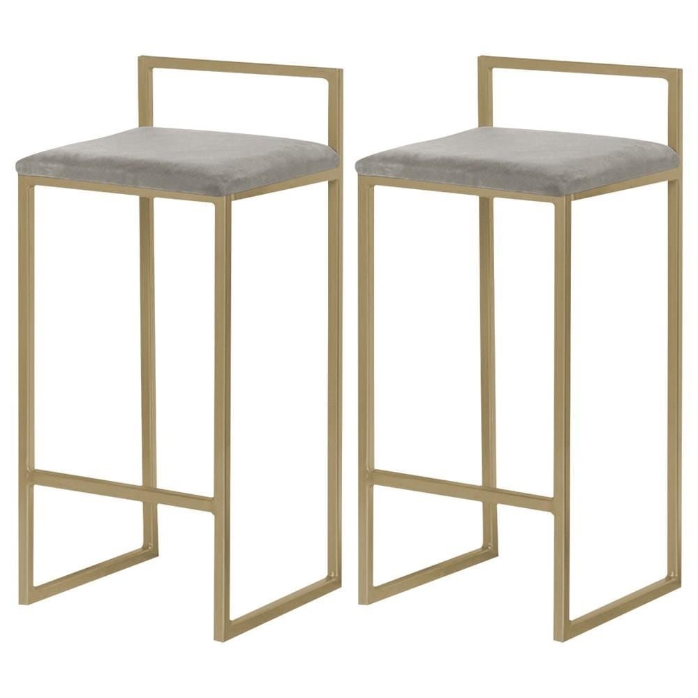 Kit 2 Banquetas Decorativa Jasmine Base Gold Veludo Cinza G41 - Gran Belo