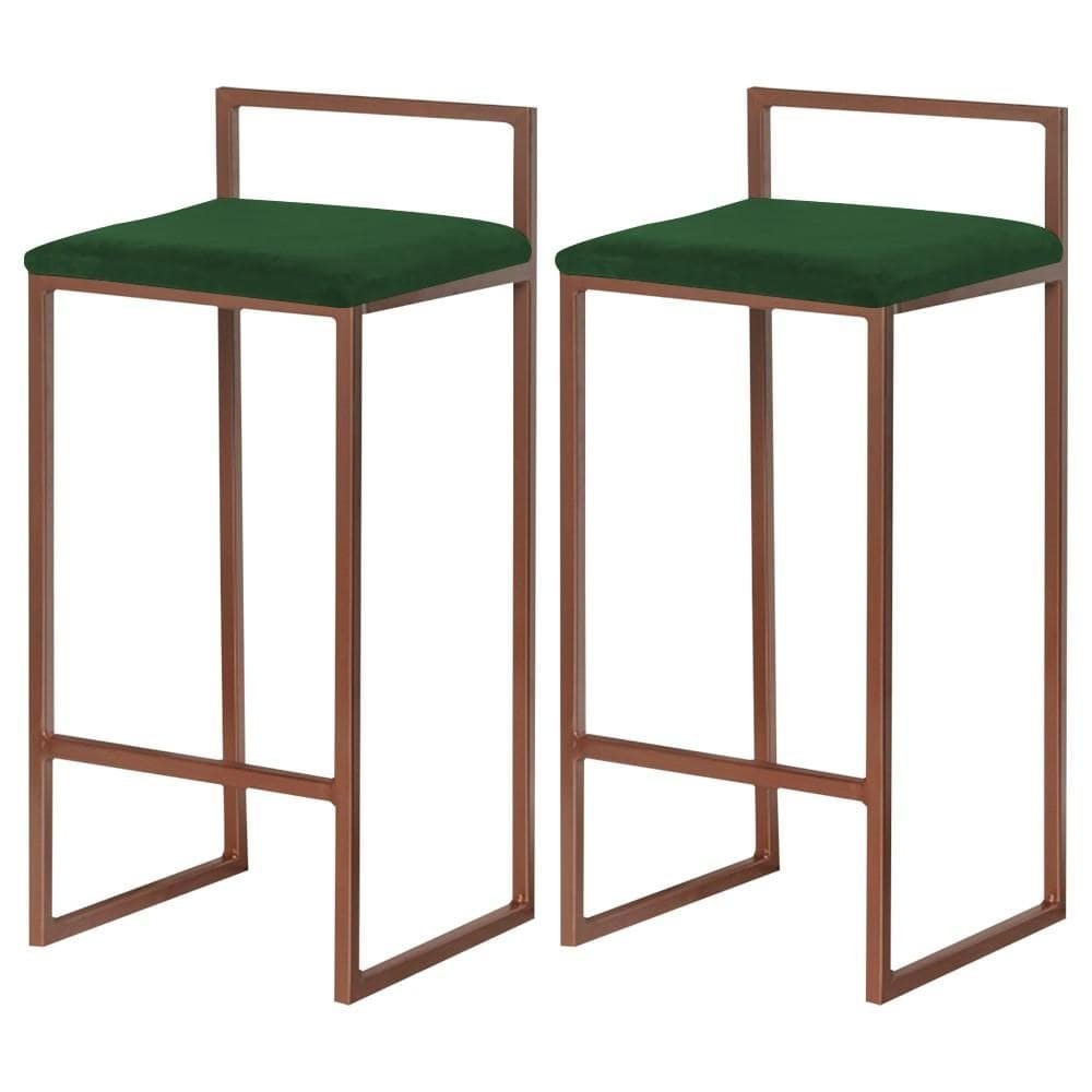 Kit 2 Banqueta Decorativa Selena Base Bronze Suede Verde G41 - Gran Belo