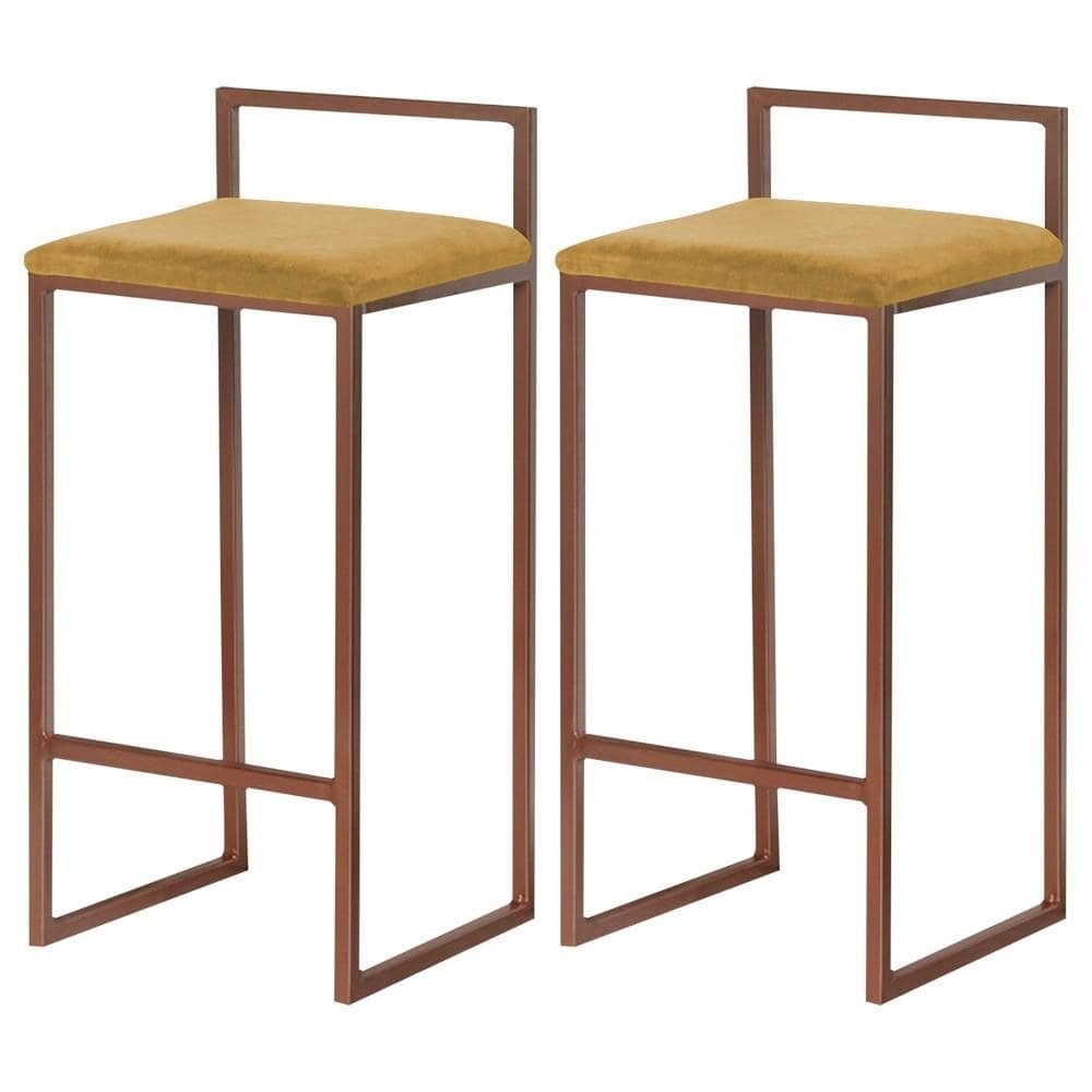 Kit 2 Banqueta Decorativa Selena Base Bronze Suede Mostarda G41 - Gran Belo