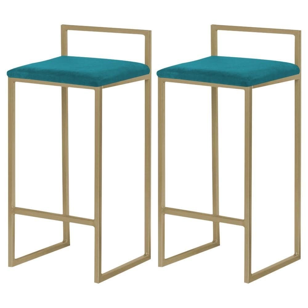 Kit 2 Banqueta Decorativa Selena Base Gold Suede Azul Claro G41 - Gran Belo