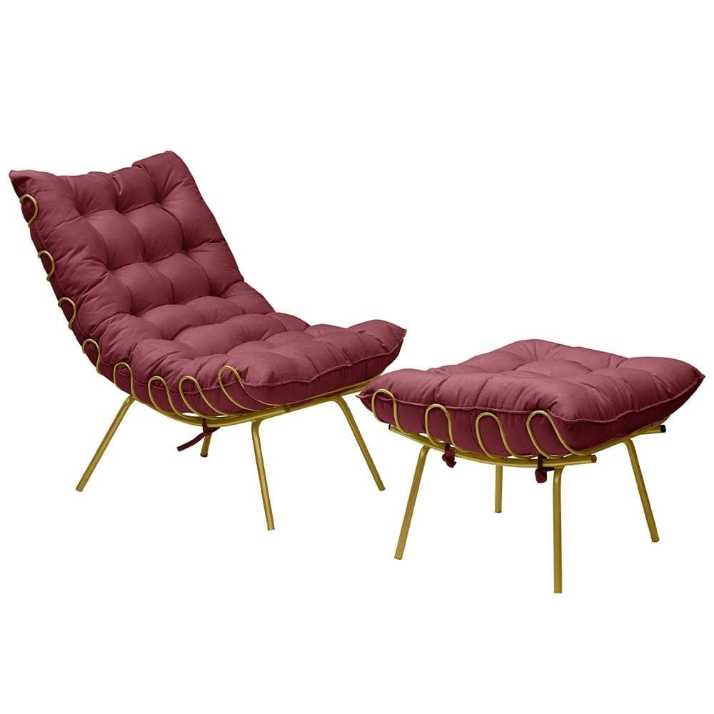Conjunto Decorativo Poltrona e Puff Abel Base de Ferro Dourada Suede Bordo G41 - Gran Belo