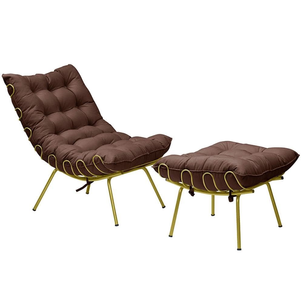 Conjunto Decorativo Poltrona e Puff Abel Base de Ferro Dourada Suede Chocolate G41 - Gran