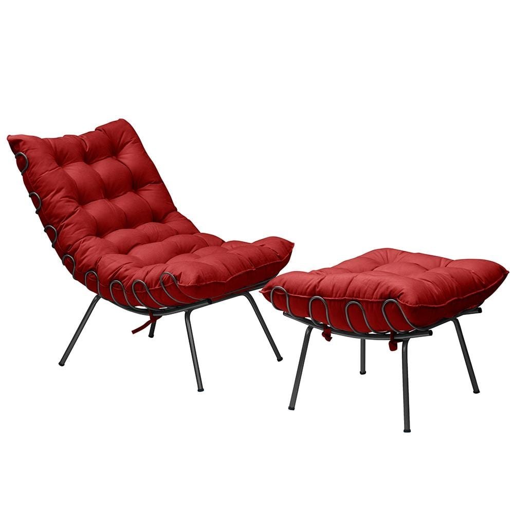 Conjunto Decorativo Poltrona e Puff Abel Base de Ferro Preto Suede Vermelho G41 - Gran Bel