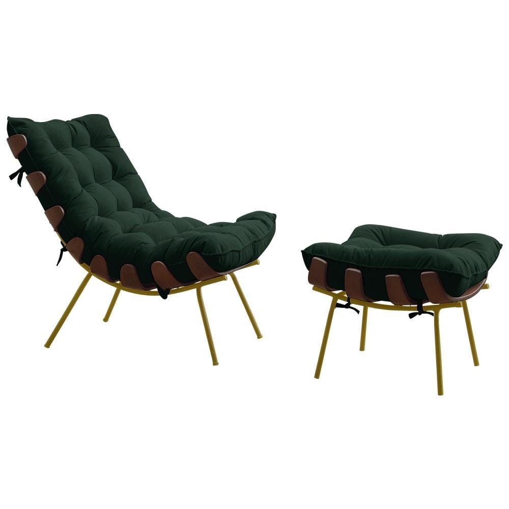 Conjunto Decorativo Poltrona e Puff Abel Base de Madeira Dourada Suede Verde G41 - Gran Be