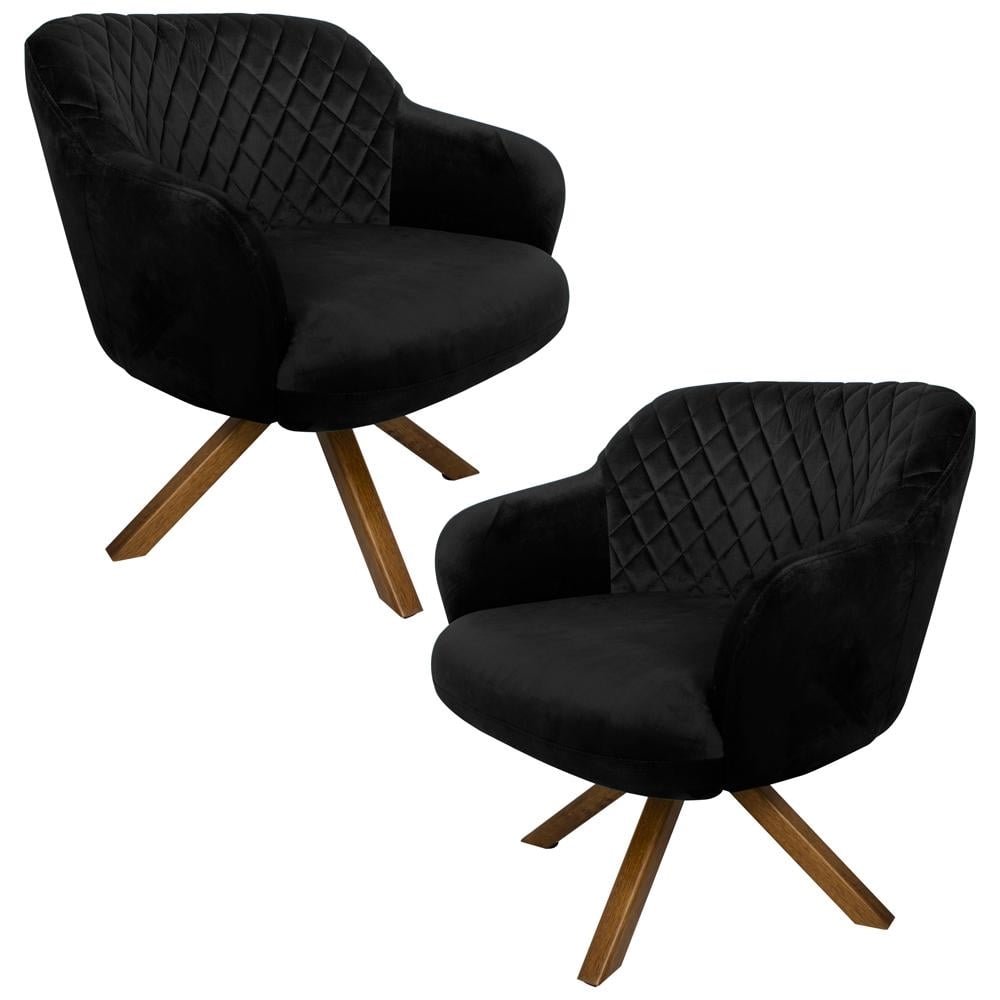 Kit 2 Poltronas Decorativas Kitana Pes Madeira Giratorio Veludo Preto G15 - Gran Belo