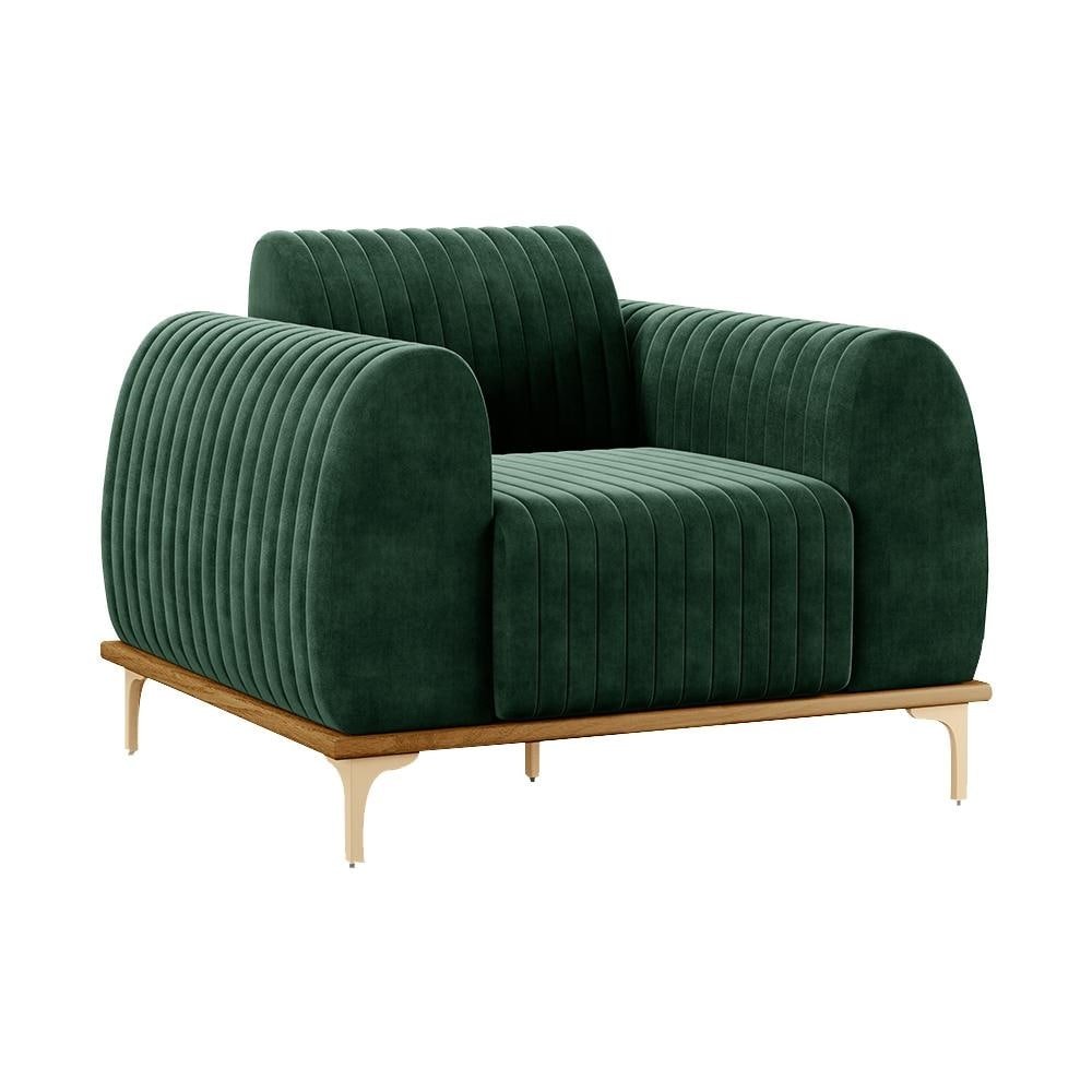Poltrona Decorativa Sala de Estar Base de Madeira Euro Veludo Verde G15 - Gran Belo