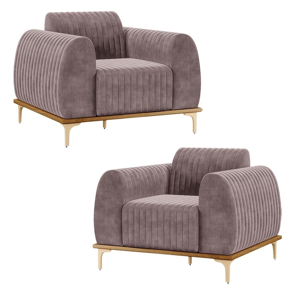 Kit 2 Poltronas Decorativas Sala de Estar Base de Madeira Euro Veludo Rose G15 - Gran Belo