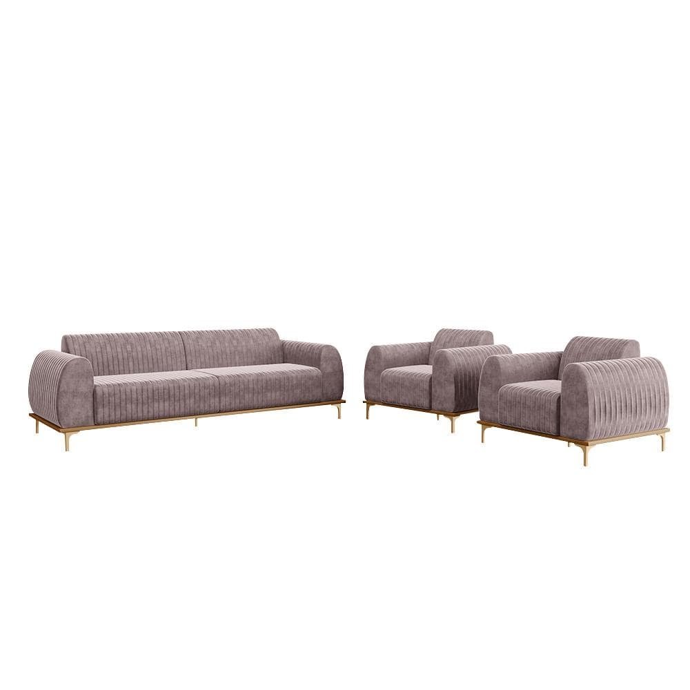 Conjunto Sofá 3 Lugares e 2 Poltronas Base de Madeira Euro 210 cm Veludo Rosê G15 - Gran B