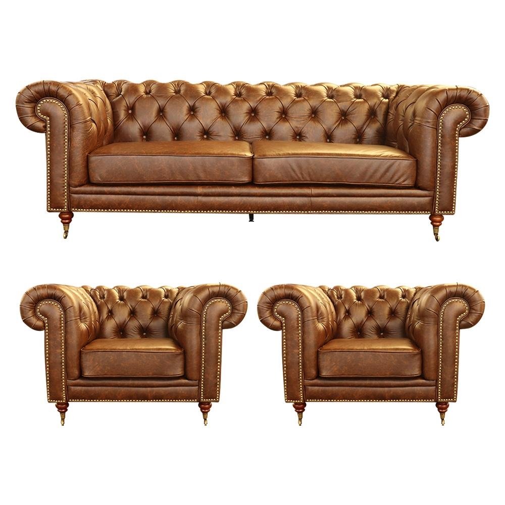Conjunto Sofá e 2 Poltronas Chesterfield Duo Couro Tabaco G40 - Gran Belo
