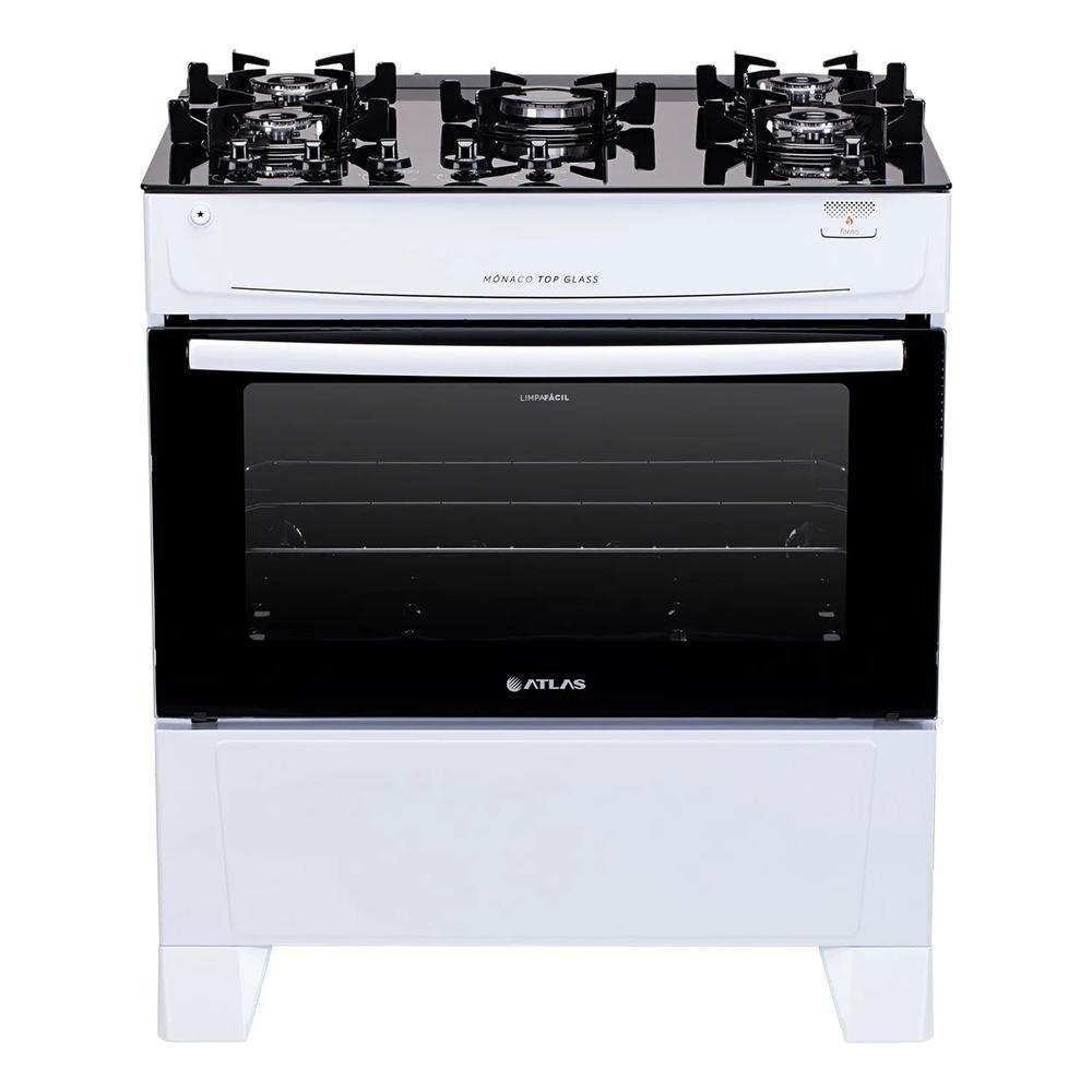 Fogao 5 Bocas Atlas Monaco Plus Branco com Mesa de Vidro Top Glass - Bivolt