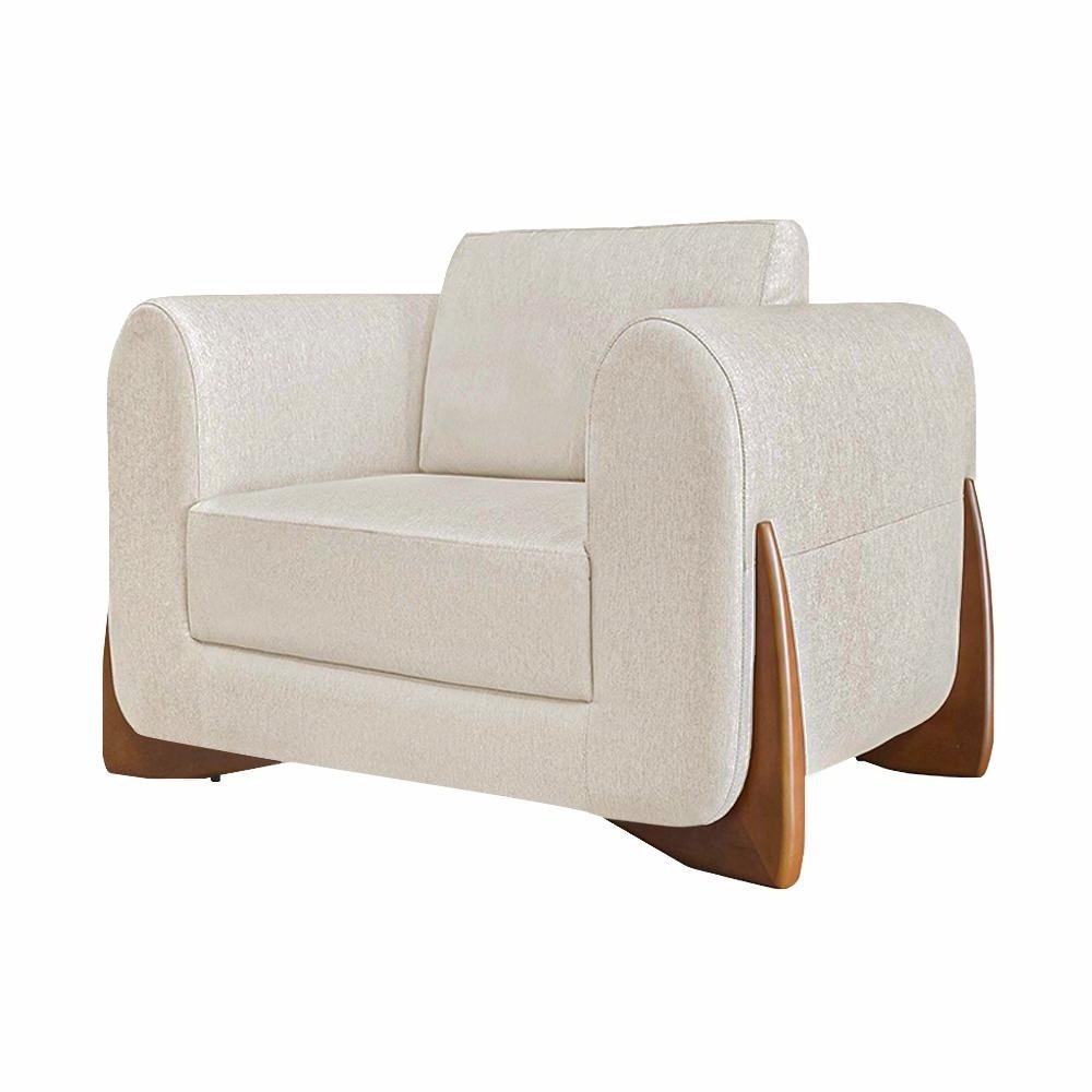 Poltrona Decorativa Pés em Madeira Buzz Linho Off White Rústico G63 - Gran Belo