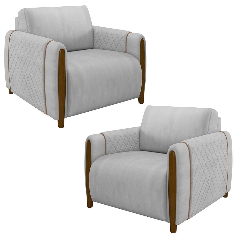Kit 2 Poltronas Decorativas Pes Madeira Maceio Veludo Cinza G45 - Gran Belo