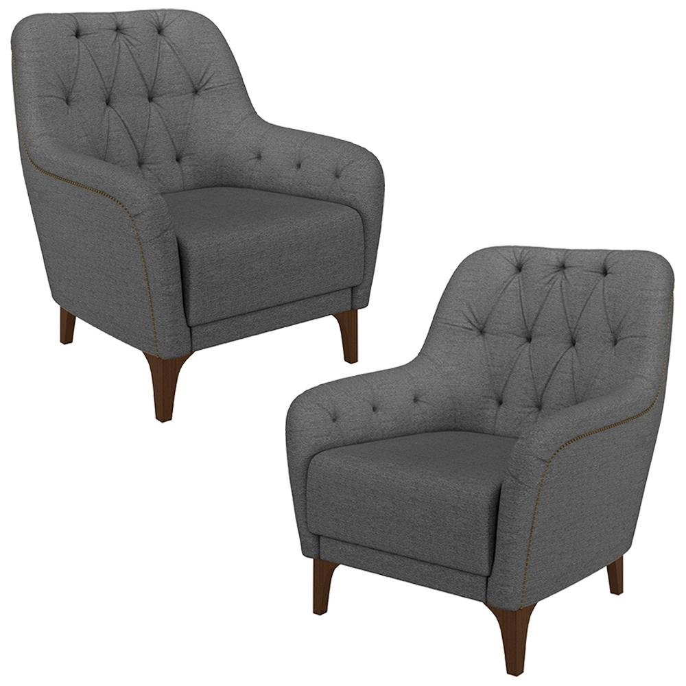 Kit 2 Poltronas Decorativas Pes em Madeira Petra Linho Chumbo G45 - Gran Belo
