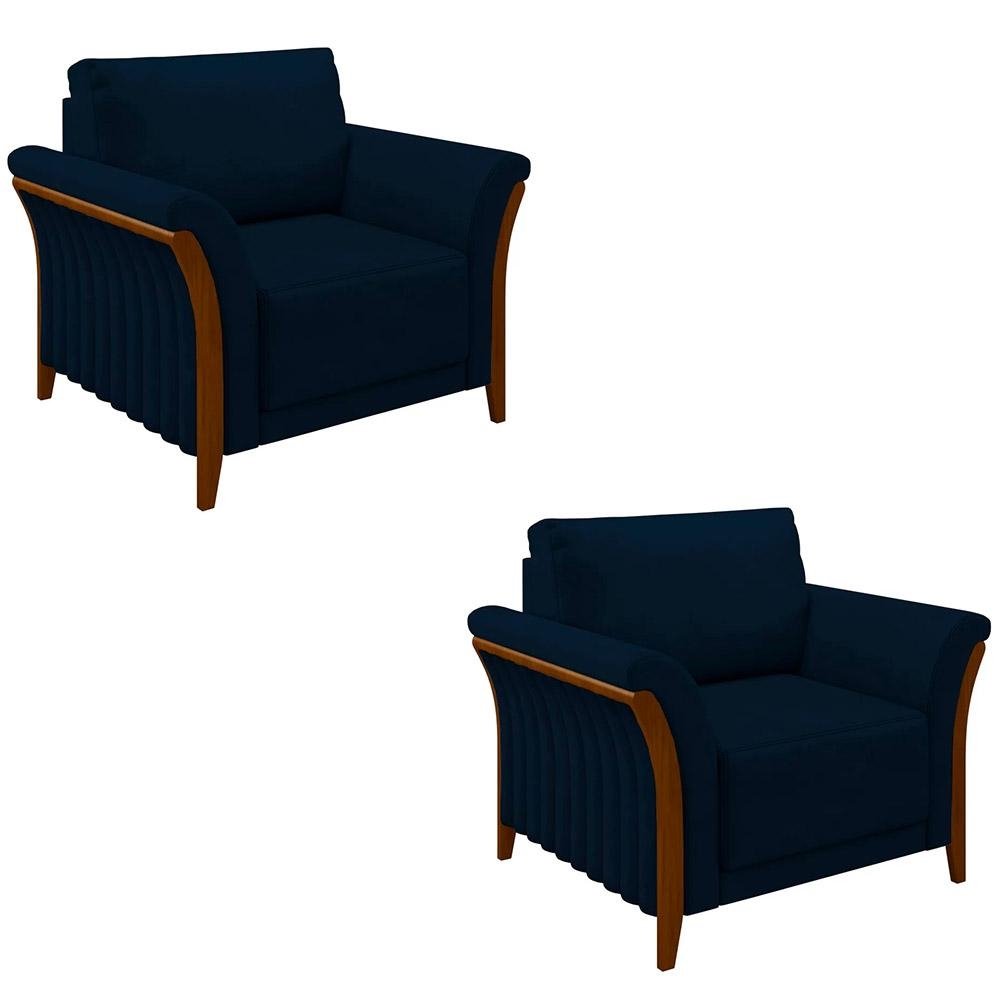 Kit 2 Poltronas Decorativas Pes em Madeira Market Veludo Azul Marinho G45 - Gran Belo