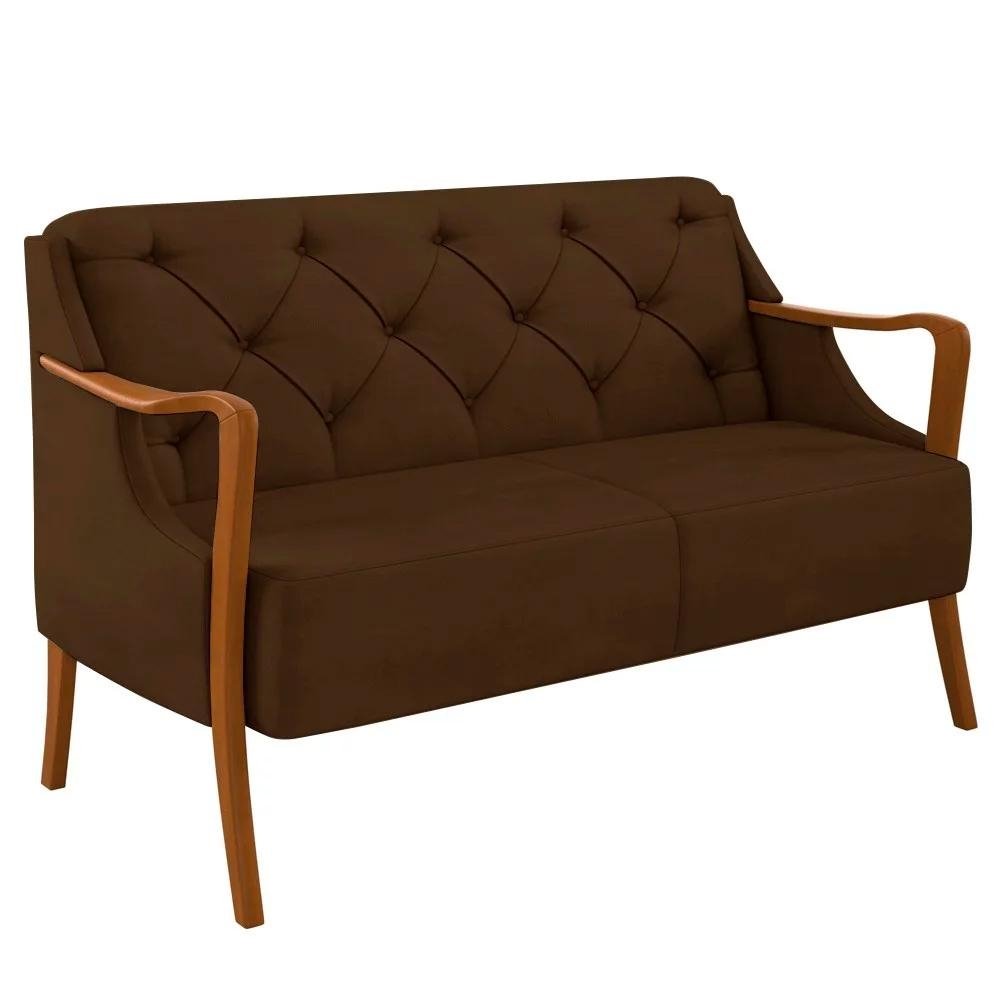Poltrona Namoradeira Decorativa 2 Lugares Bracos em Madeira Hand Veludo Marrom G45 - Gran