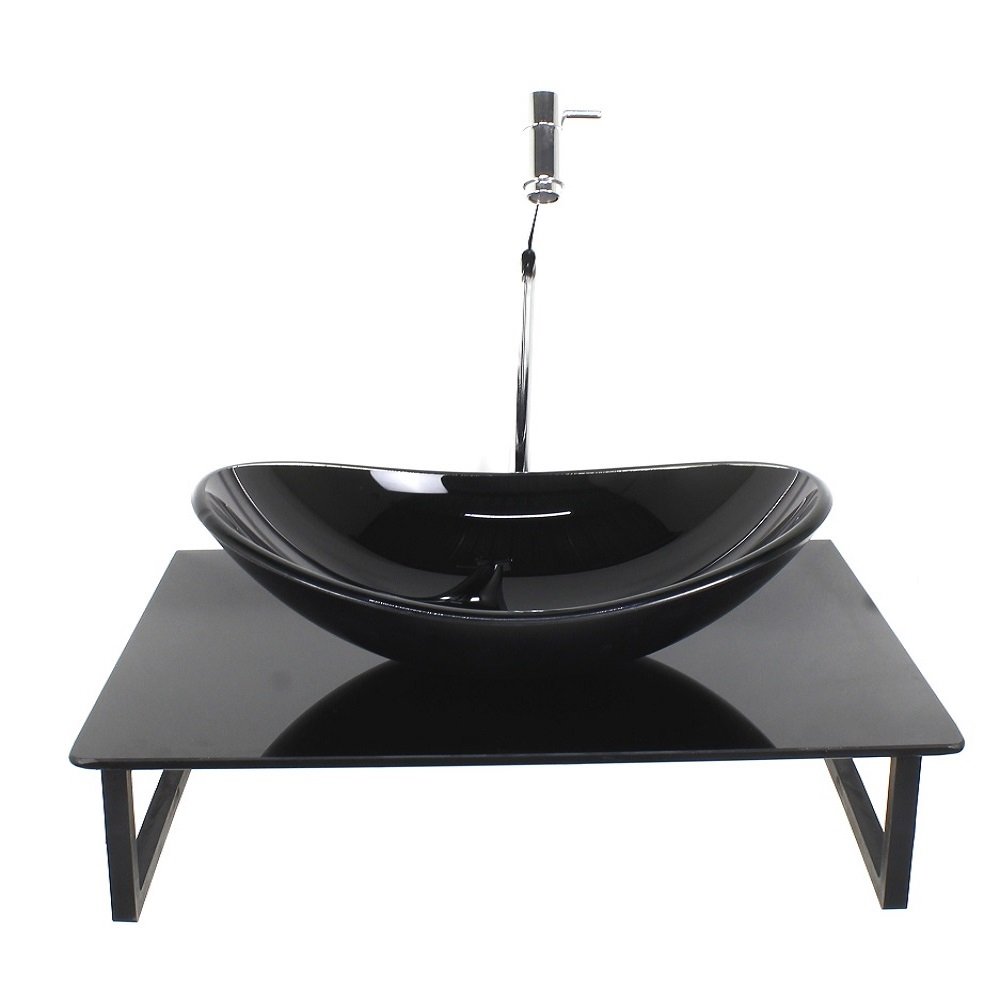 Kit Cuba de Vidro Oval Com Tampo 50cm Preto Full Mais Suporte SP