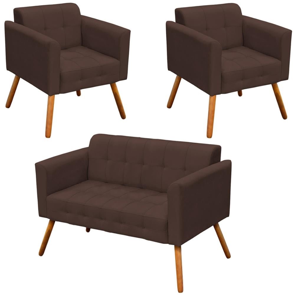 Conjunto 2 Poltronas e 1 Namoradeira Pes Palito Karen Suede Marrom G19 - Gran Belo