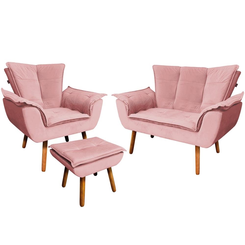 Conjunto Poltrona Puff e Namoradeira Pes Palito Charger Veludo Rose G19 - Gran Belo