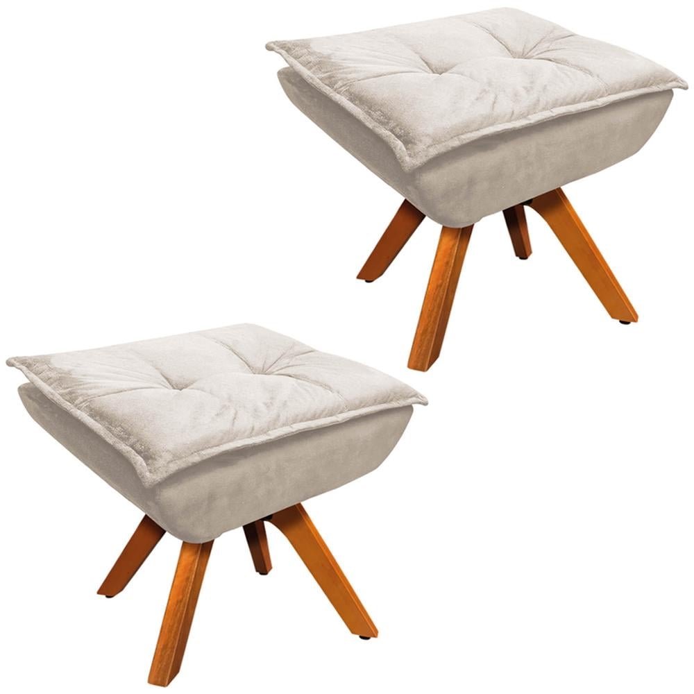 Kit 2 Puff`s Decorativos Base Giratoria em Madeira Charger Suede Bege G19 - Gran Belo