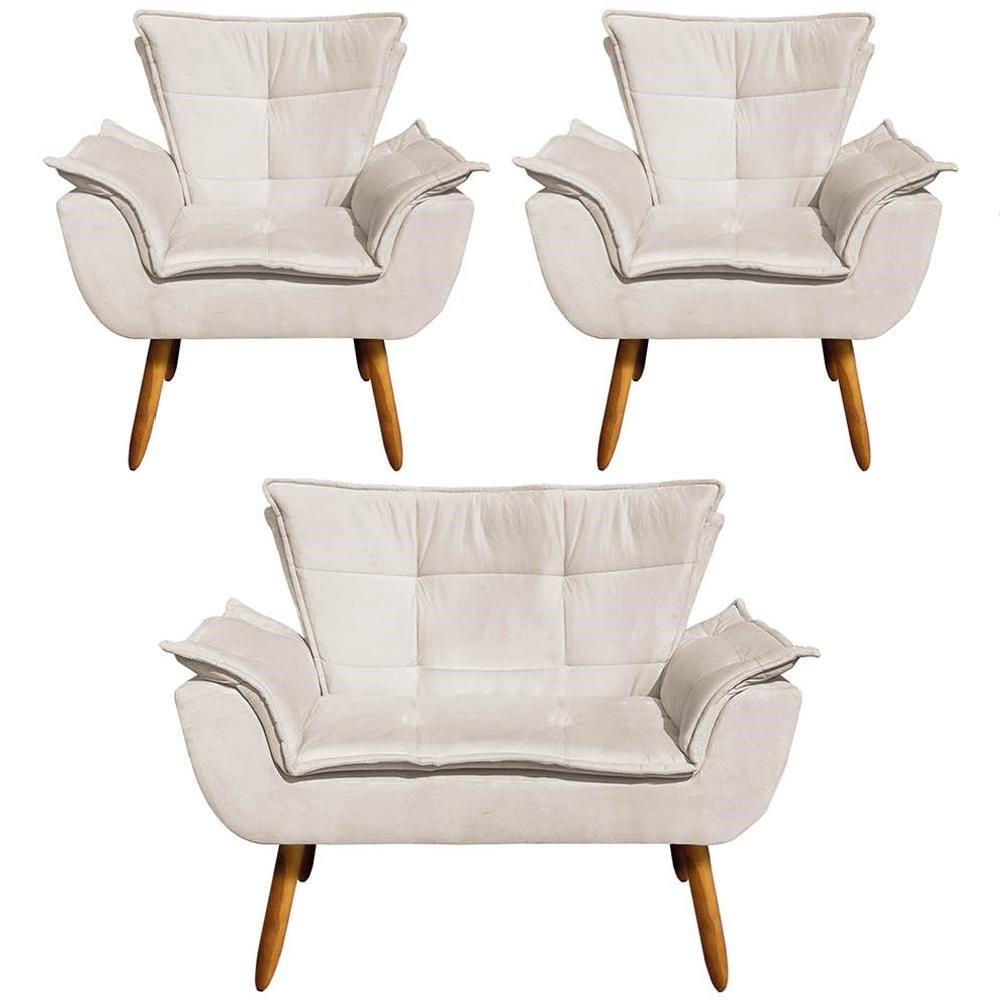 Conjunto 2 Poltronas e 1 Namoradeira Pes Palito Charger Suede Bege G19 - Gran Belo