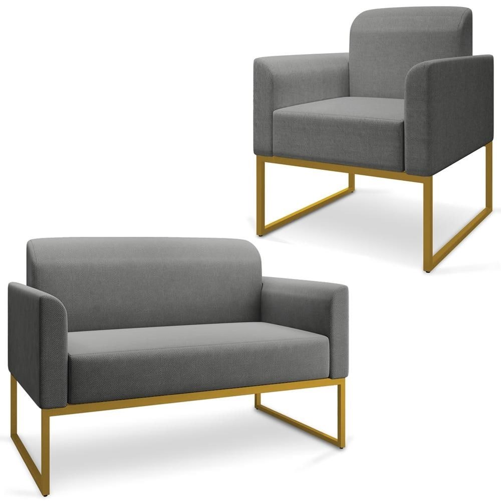 Conjunto Namoradeira e Poltrona Decorativa Isabella Base Industrial Linho Grafite/Dourado