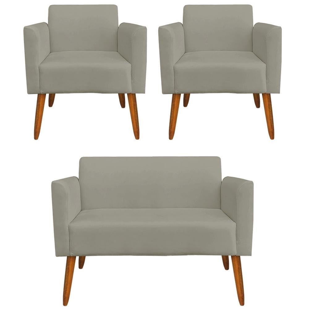 Conjunto Namoradeira e 2 Poltronas Decorativas Isabella Pés Palito Madeira Suede Nude