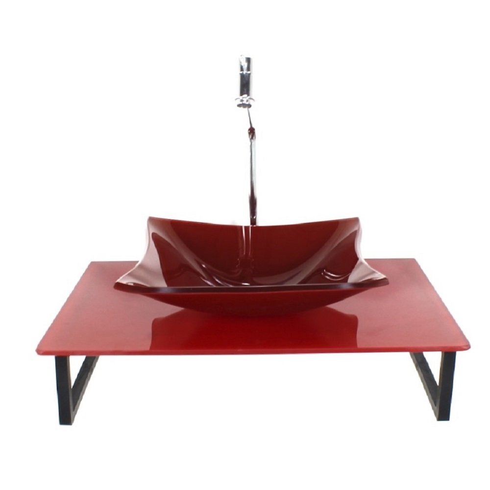 Kit Cuba de Vidro Quadrada Com Tampo 50cm Vermelho Cereja Full Mais Suporte SP