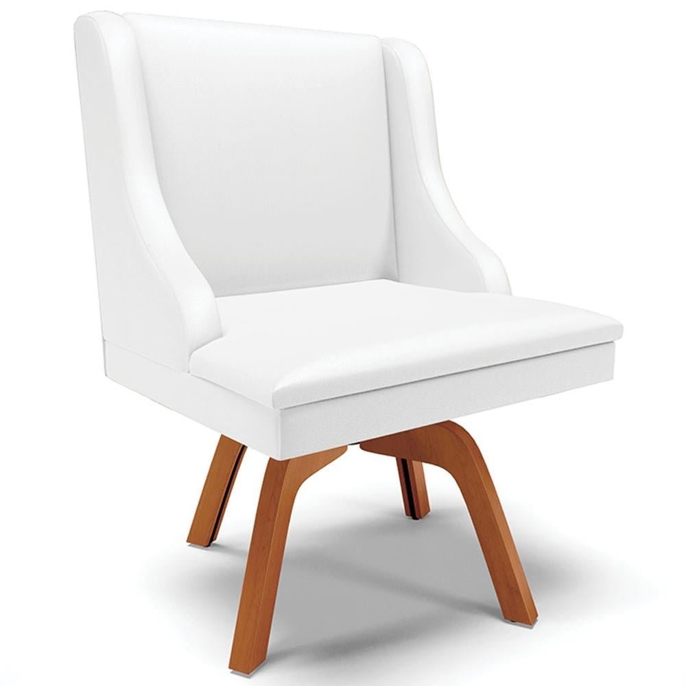 Cadeira Decorativa Sala de Jantar Base Giratória de Madeira Firenze PU Branco Fosco/Natura