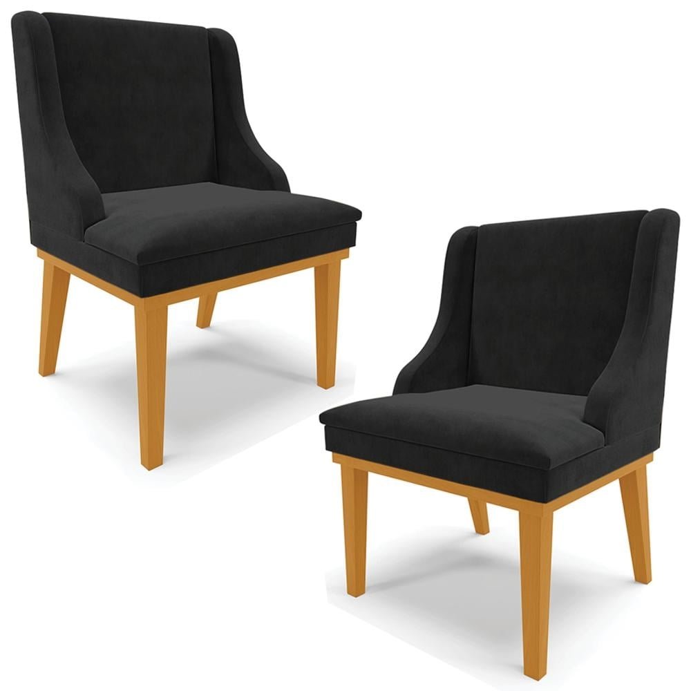 Kit 2 Cadeiras Decorativas Sala de Jantar Base Fixa de Madeira Firenze Suede Preto/Castanh