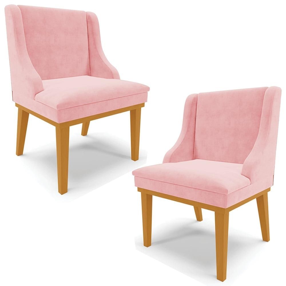 Kit 2 Cadeiras Decorativas Sala de Jantar Base Fixa de Madeira Firenze Suede Rosa Bebe/Cas