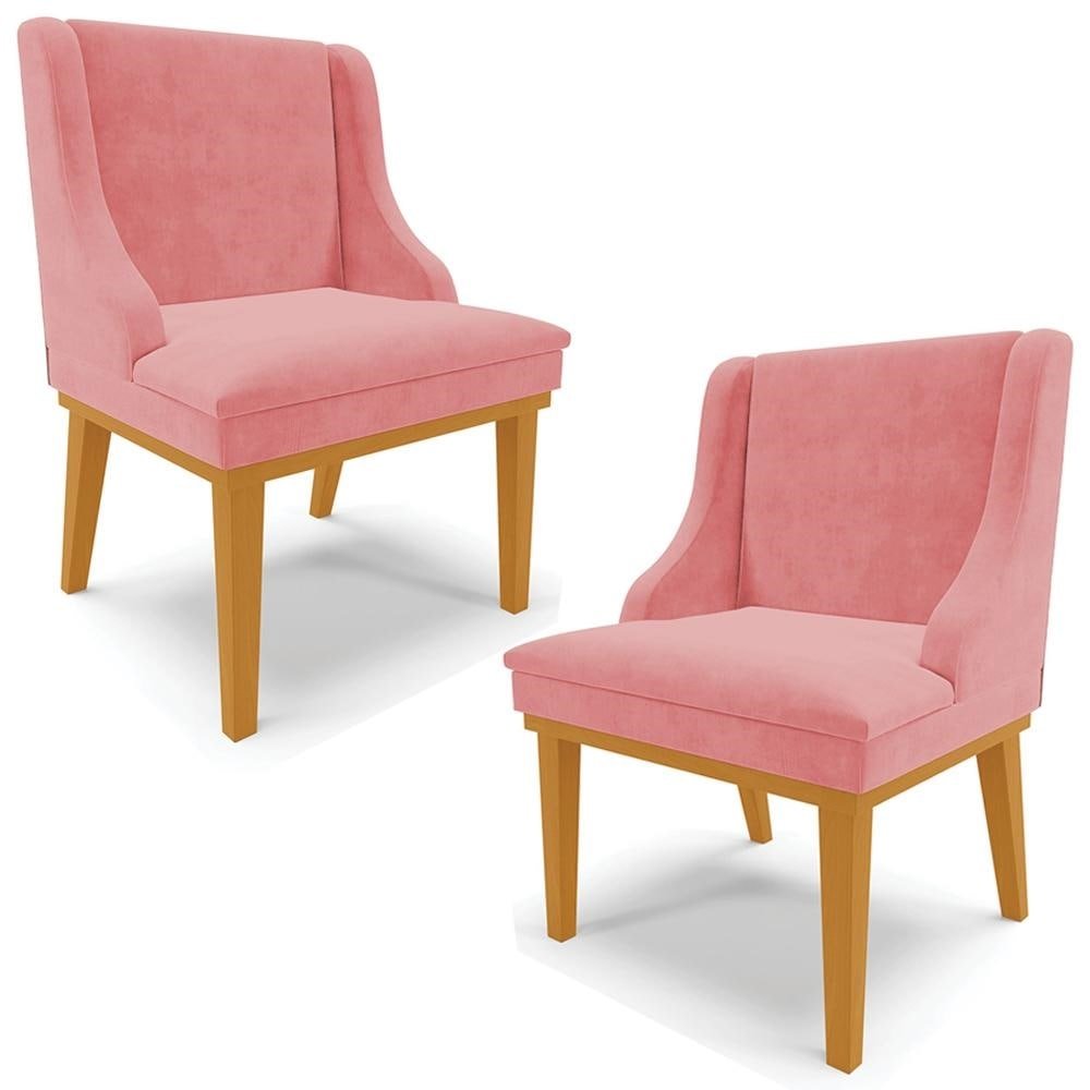 Kit 2 Cadeiras Decorativas Sala de Jantar Base Fixa de Madeira Firenze Suede Rose/Castanho