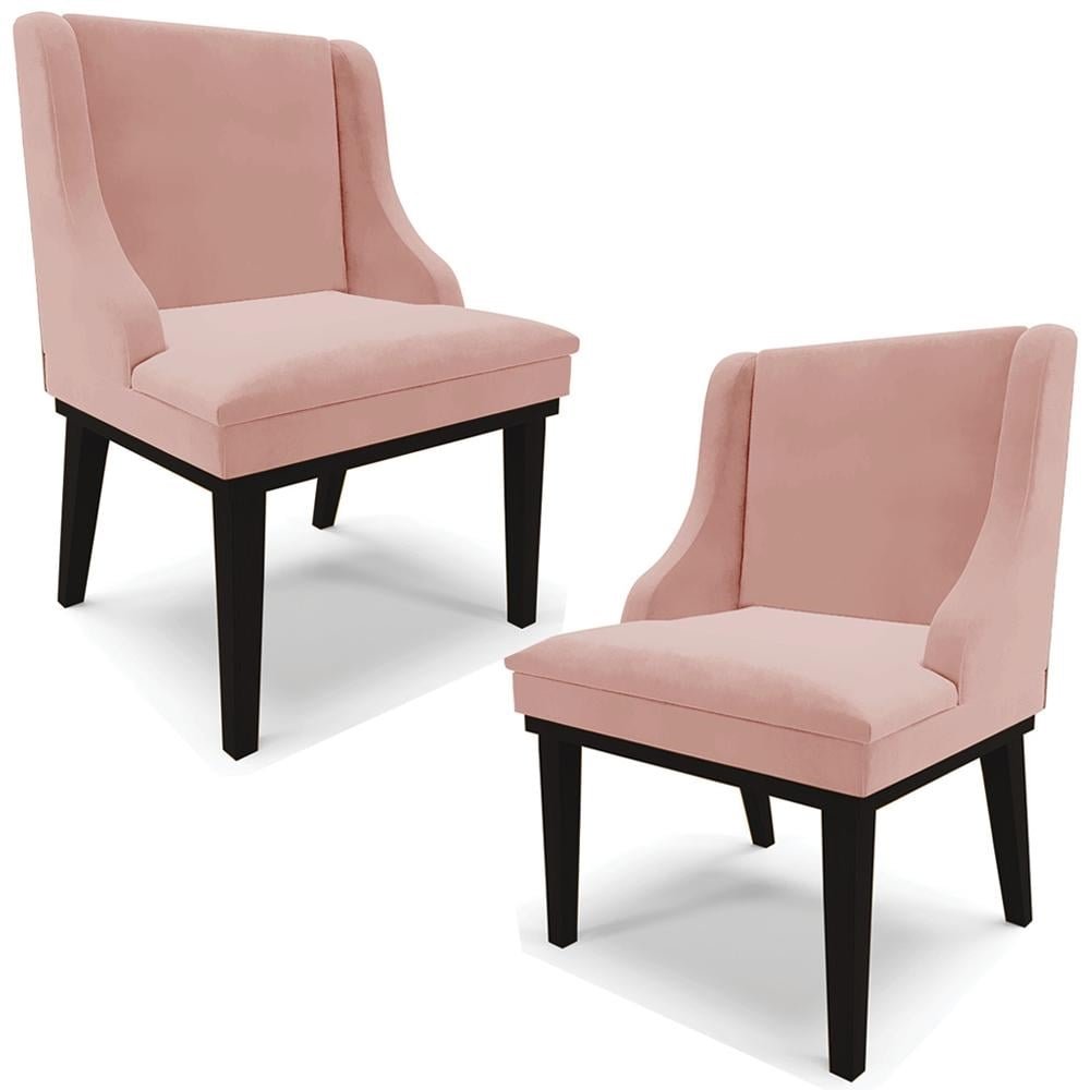 Kit 2 Cadeiras Decorativas Sala de Jantar Base Fixa de Madeira Firenze Veludo Rose/Preto G