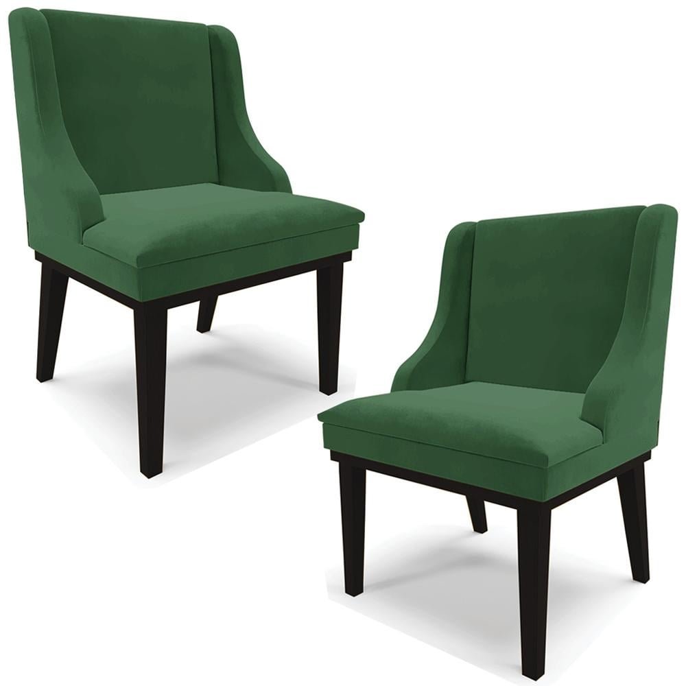 Kit 2 Cadeiras Decorativas Sala de Jantar Base Fixa de Madeira Firenze Veludo Verde/Preto