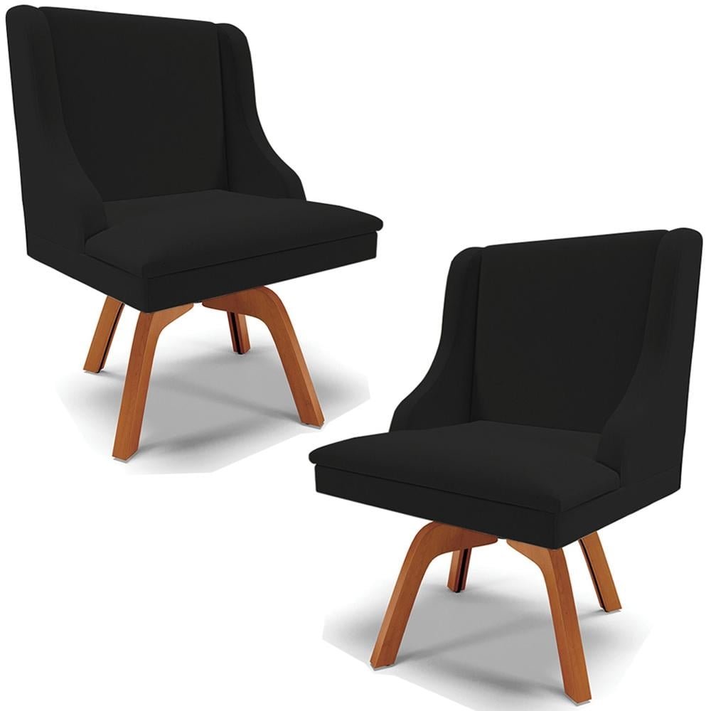Kit 2 Cadeiras Decorativas Sala de Jantar Base Giratoria de Madeira Firenze Linho Preto/Na