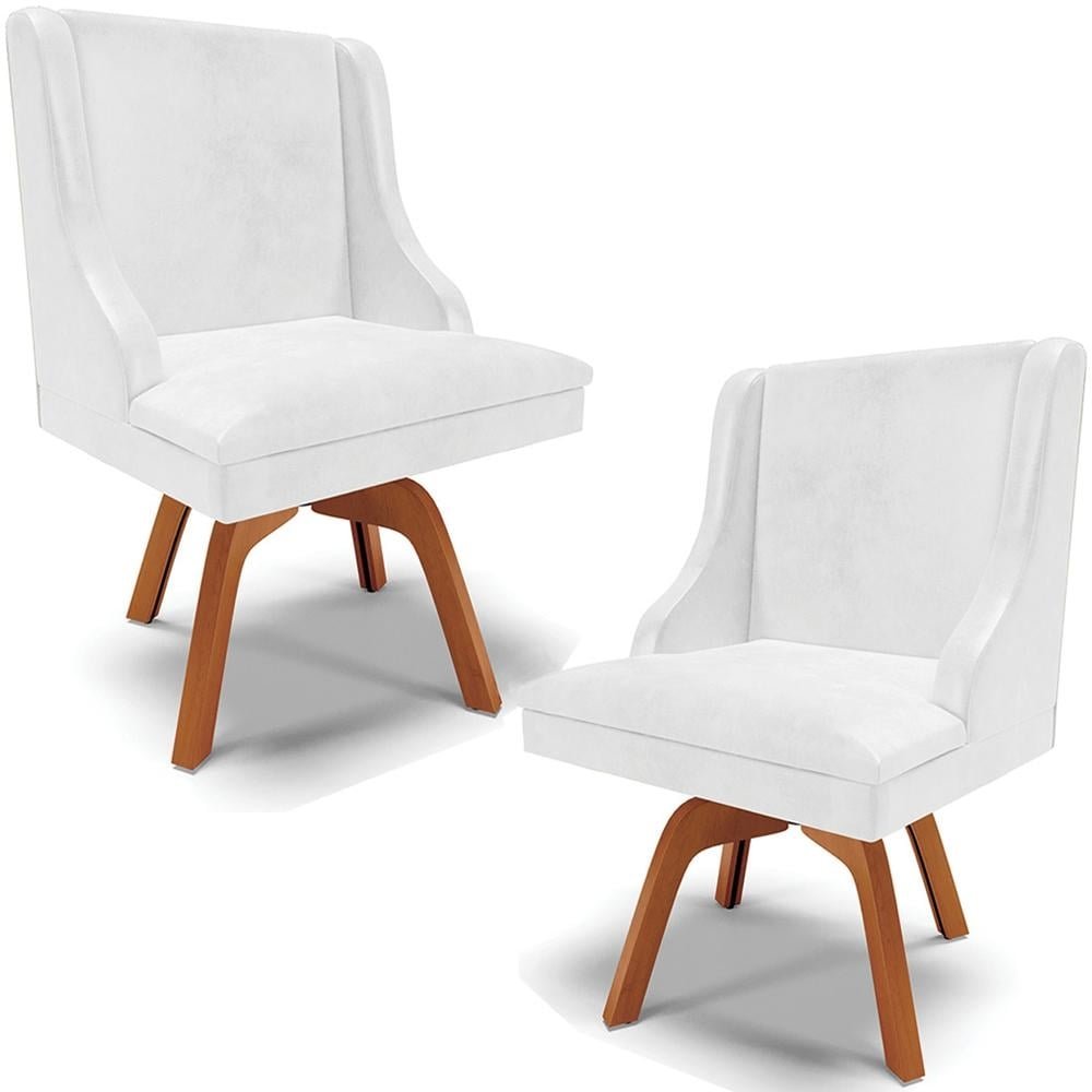 Kit 2 Cadeiras Decorativas Sala de Jantar Base Giratoria de Madeira Firenze PU Branco Bril
