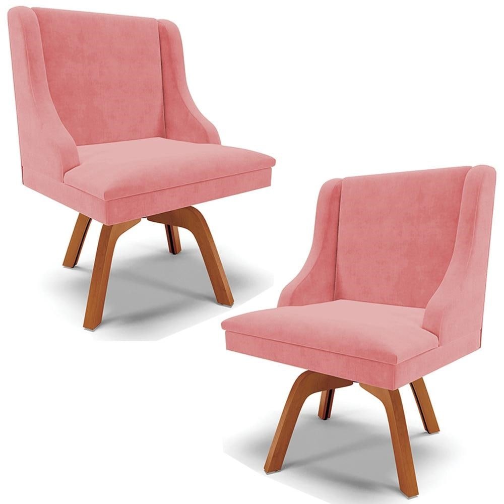 Kit 2 Cadeiras Decorativas Sala de Jantar Base Giratoria de Madeira Firenze Suede Rose/Nat
