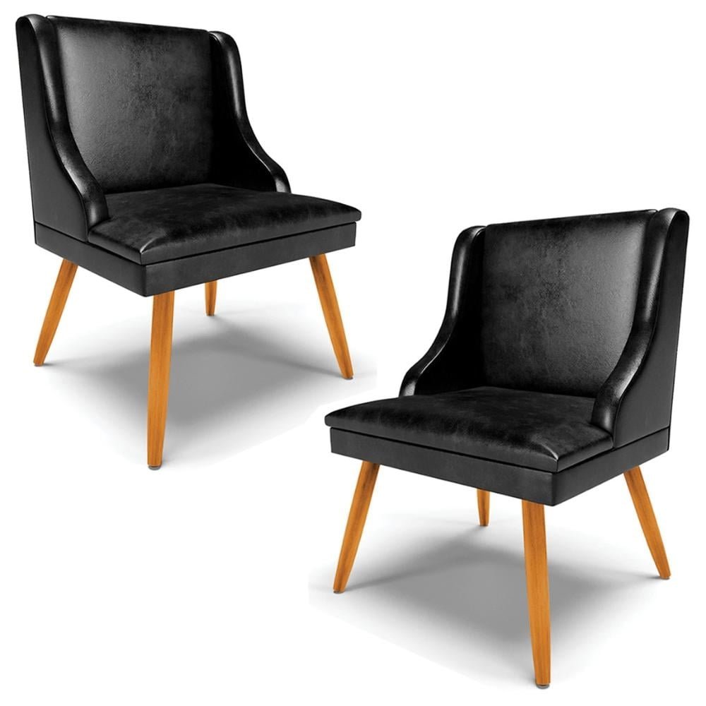 Kit 2 Cadeiras Decorativas Sala de Jantar Pes Palito de Madeira Firenze PU Preto Brilho/Na
